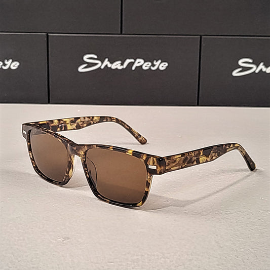 Rectangular Sunglasses with tortoiseshell frame and brown lenses. Sharpeye Shades brand.