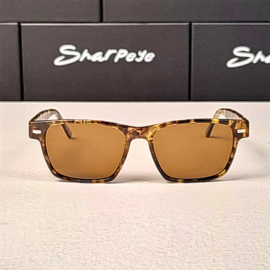 Rectangular Sunglasses with tortoiseshell frame and brown lenses. Sharpeye Shades brand.