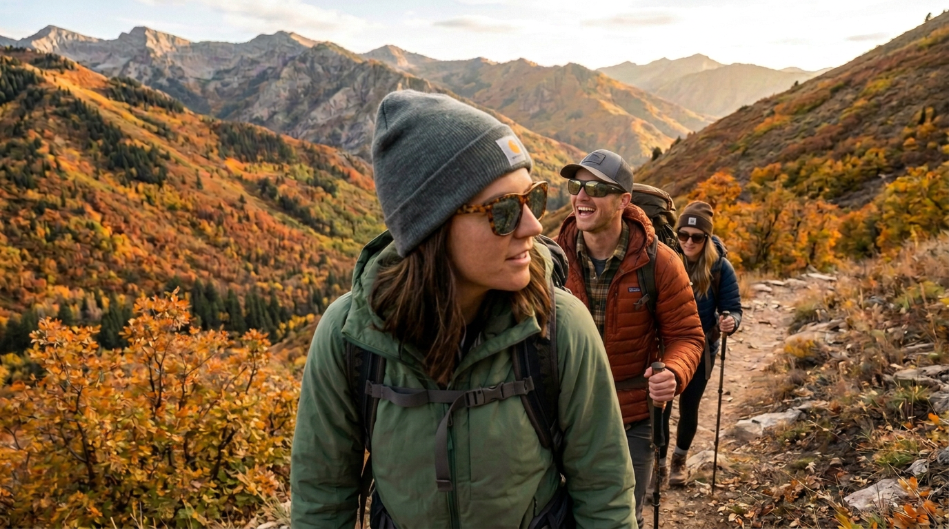 Three hikers trekking along a rocky mountain trail in autumn